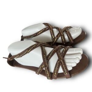 Maurice’s Brown Vegan Leather Rhinestone Copper Beaded Sandals Size 8 NWOT
